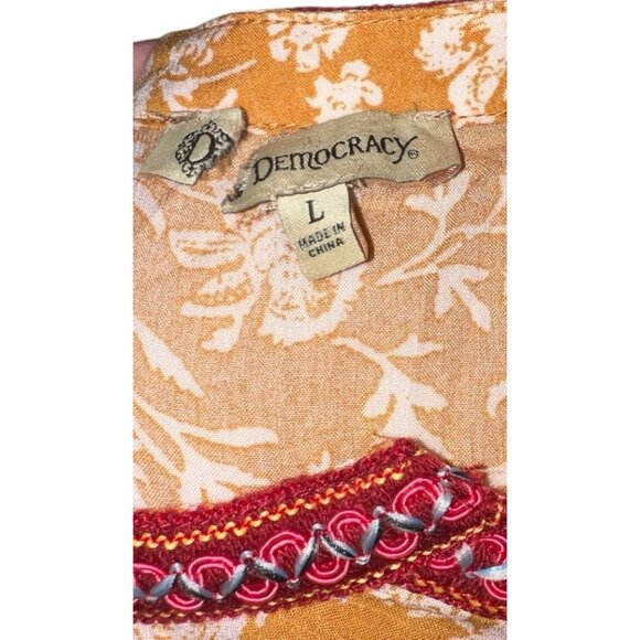 Democracy Sleeveless Boho Floral Top With Red Embroidery Trim Sz Large Womens - Picture 3 of 10